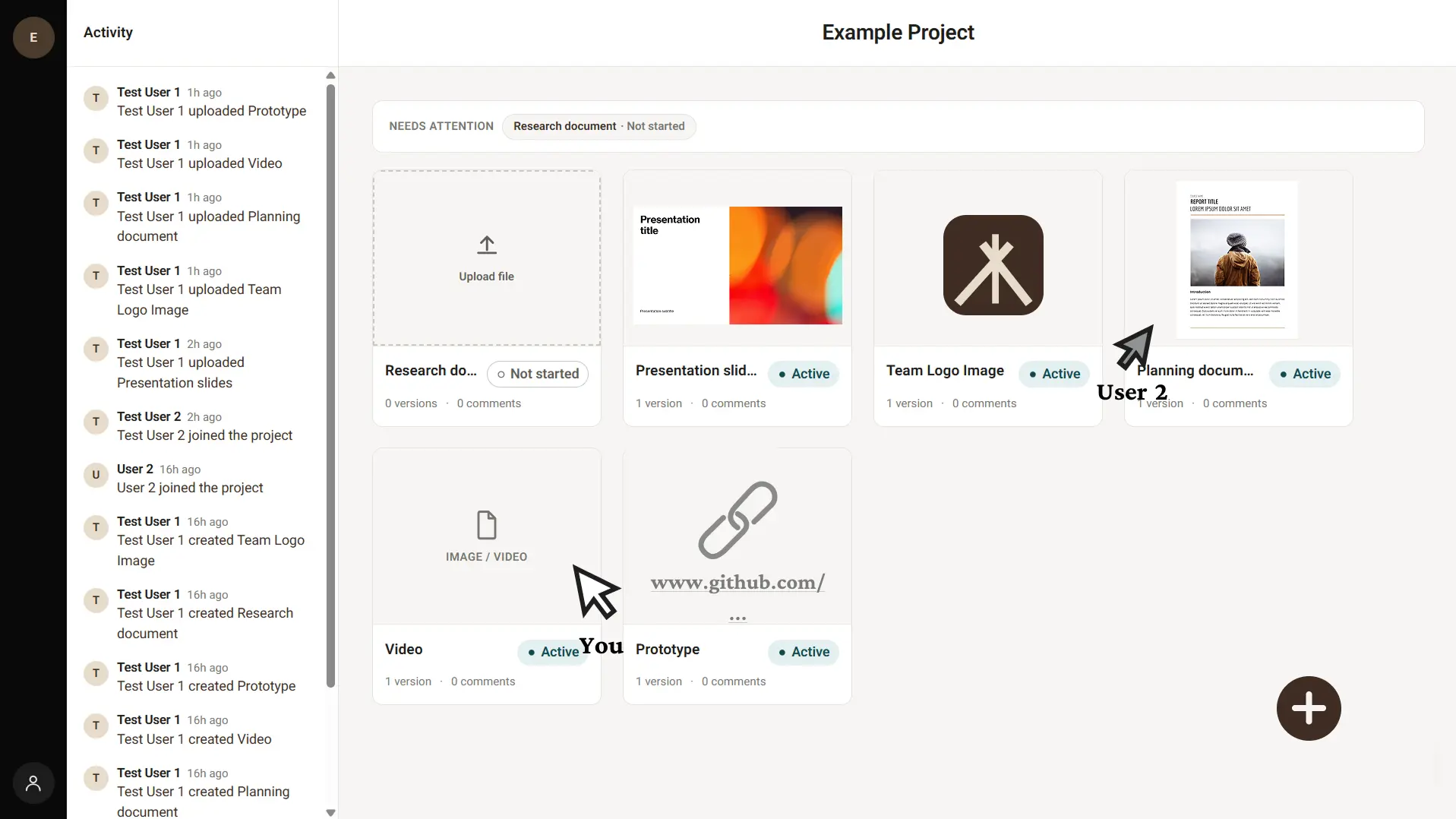 An EntryHut project board. Each file shows who owns it, its status, and when it last moved.